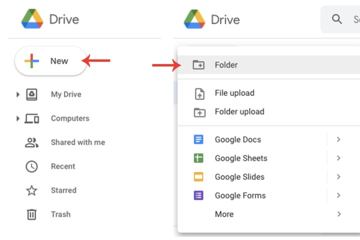 Butonul Nou din Google Drive, de unde puteti crea un dosar nou.